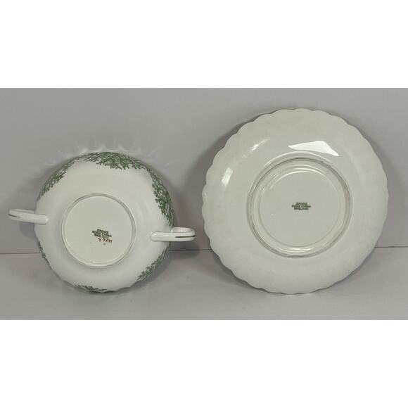 Spode Green Coral Cream Soup Bowl & Saucer Set Gold Trim EUC Rare Vintage - Picture 7 of 12